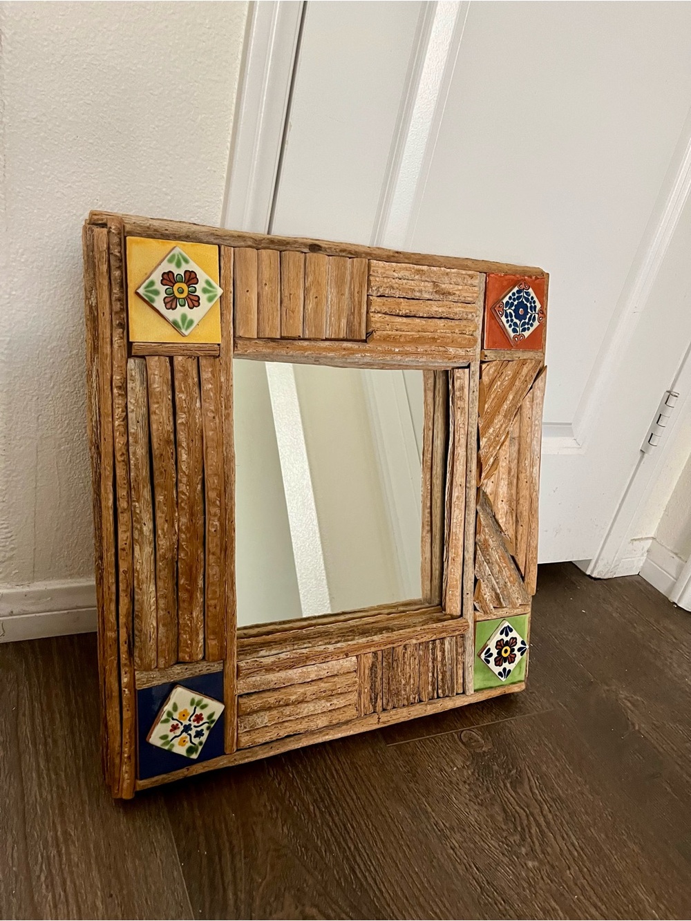 Rustic Wood Frame Wall Mirror with Colorful Tile Accents - Brown